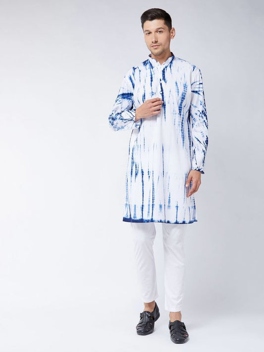 Vastramay Men's Blue And White Pure Cotton Kurta Pyjama Set