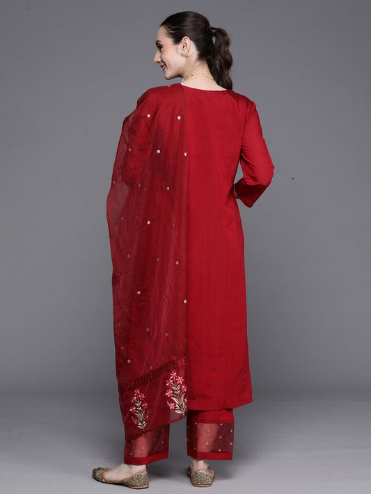 Indo Era Maroon Embroidered Ethnic Straight Kurta Trousers With Dupatta Set