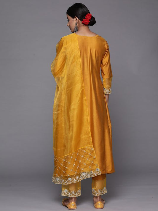 Indo Era Mustard Embroidered Straight Kurta Trousers With Dupatta Set