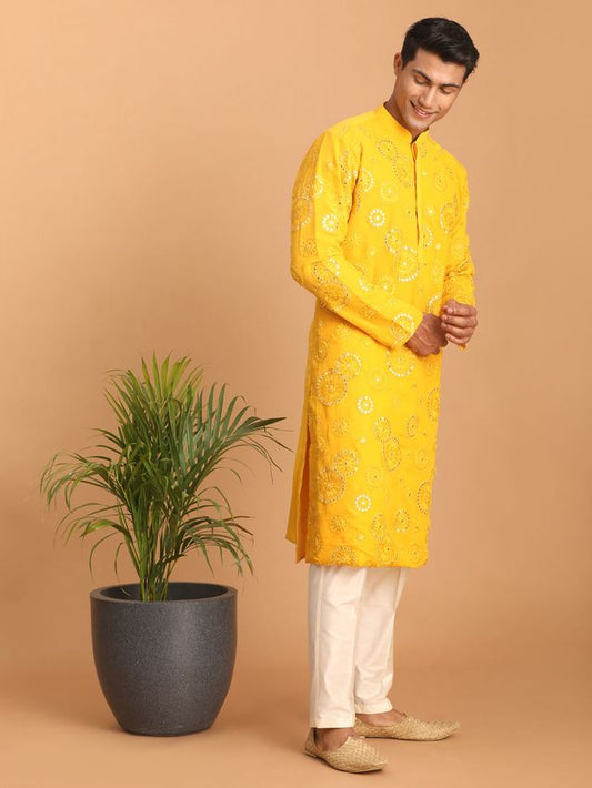 Shrestha By Vastramay Men's Yellow Georgette Kurta