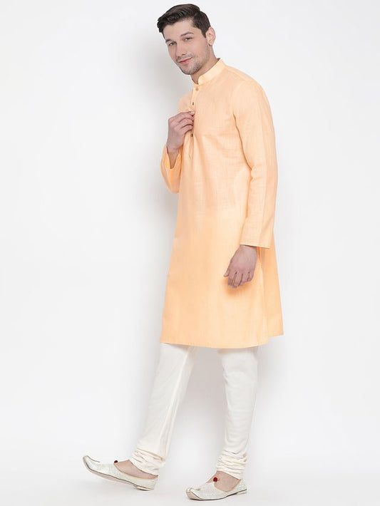 Vastramay Men's Orange Cotton Linen Blend Kurta Pyjama Set