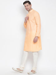 Vastramay Men's Orange Cotton Linen Blend Kurta Pyjama Set