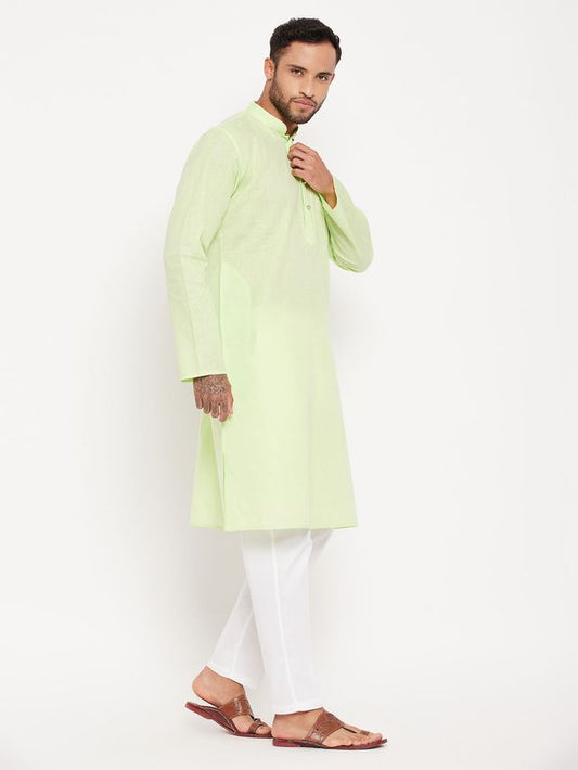 VM Men's Green And White Cotton Kurta Pyjama Set