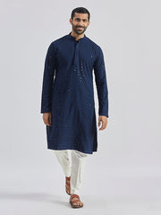 VASTRAMAY Men's Navy Blue And White Rayon Cotton Kurta Pyjama Set