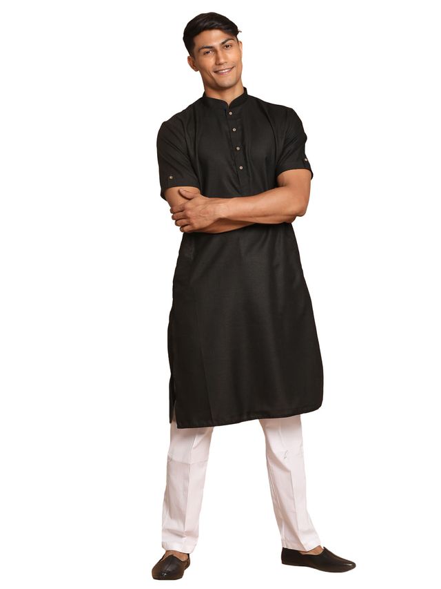 VM Men's Black And White Cotton Blend Kurta Pyjama Set