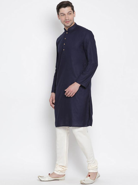 Vastramay Men's Dark Blue Cotton Linen Blend Kurta Pyjama Set