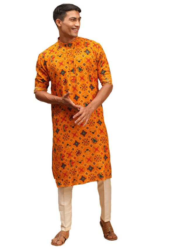 Vastramay Men's Yellow And Cream Cotton Blend Kurta Pyjama Set