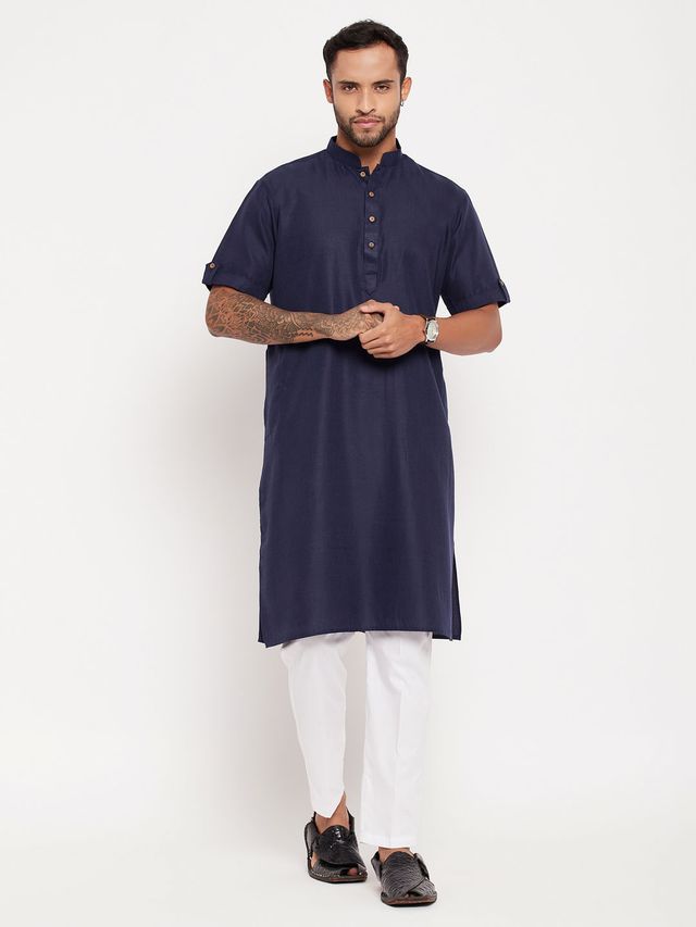 VM Men's Navy Blue And White Cotton Kurta Pyjama Set