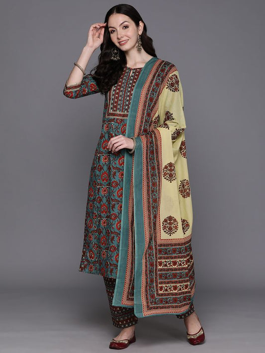 Indo Era Teal Printed Straight Kurta Trousers With Dupatta Set