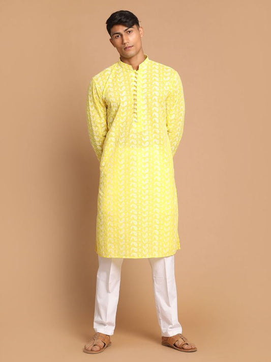 Vastramay Men's Mustard And White Pure Cotton Kurta Pyjama Set