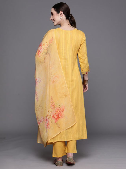 Indo Era Yellow Embroidered A-Line Kurta Trousers With Dupatta Set