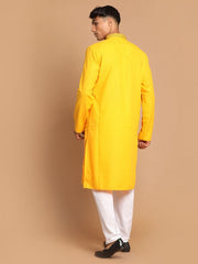 Vastramay Men's Yellow And White Cotton Blend Kurta Pyjama Set