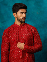 VM Men's Maroon And Rose Gold Silk Blend Kurta Pyjama Set