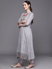 Indo Era Grey Embroidered A-Line Kurta Trousers With Dupatta Set