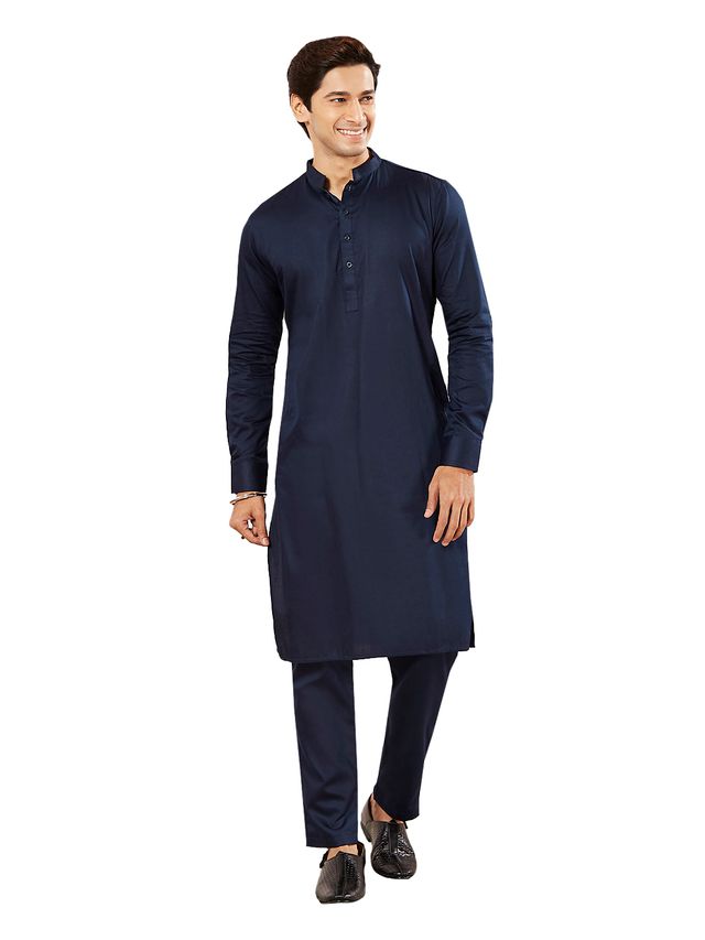 VASTRAMAY Men's Navy Blue Cotton Blend Kurta Pyjama Set