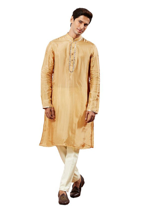 VASTRAMAY Men's Gold Tissue Silk Kurta Pyjama Set