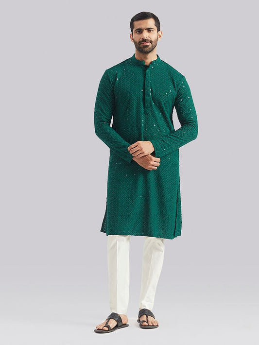 VASTRAMAY Men's Green And White Rayon Cotton Kurta Pyjama Set