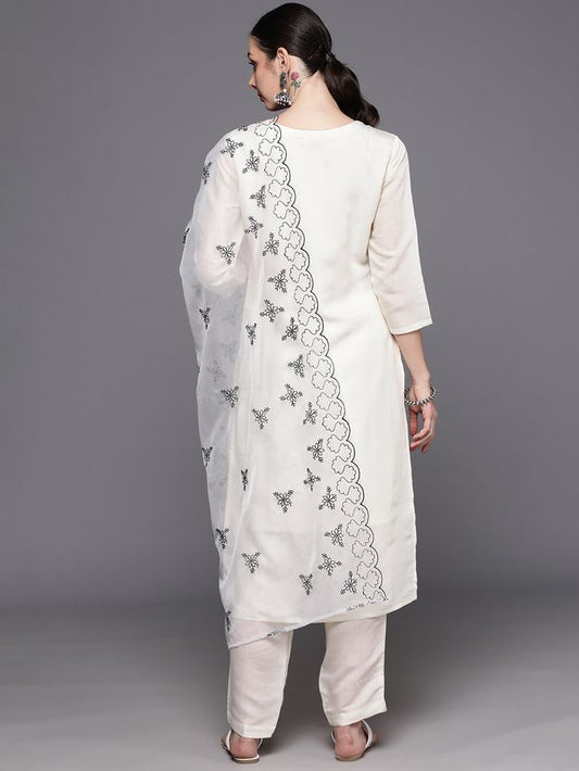 Indo Era White Embroidered Straight Kurta Trousers With Dupatta  Set