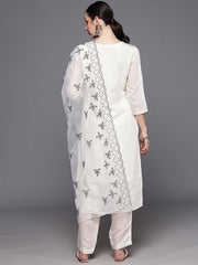 Indo Era White Embroidered Straight Kurta Trousers With Dupatta  Set