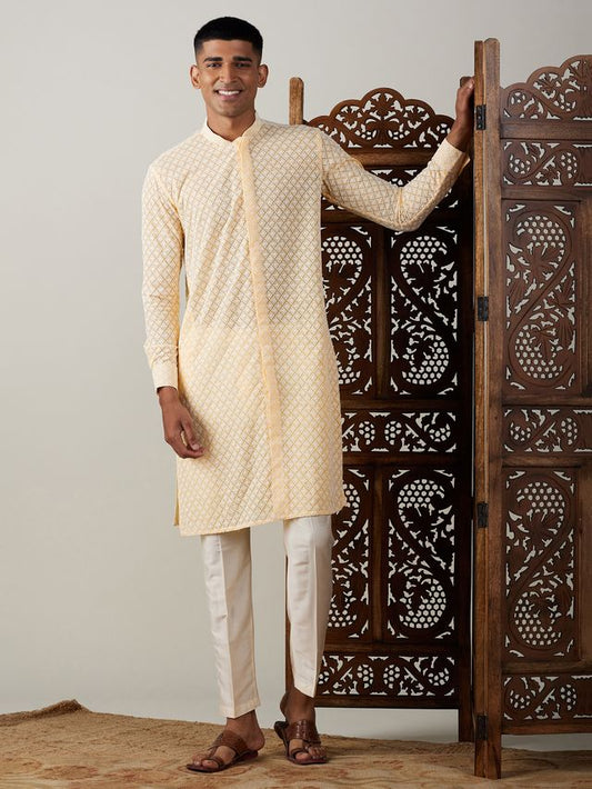 Vastramay Men's Yellow Georgette Kurta & Pyjama