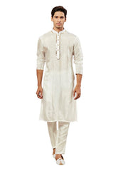 VASTRAMAY Men's White Tissue Silk Kurta Pyjama Set