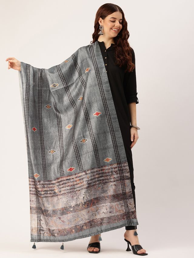 Sangam Prints Grey Art Silk Printed Traditional Tassel Dupatta