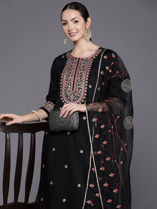 Indo Era Black Embroidered Straight Kurta Trousers With Dupatta Set