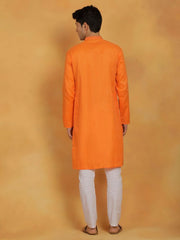 VASTRAMAY Men's Orange And White Cotton Kurta Pyjama Set