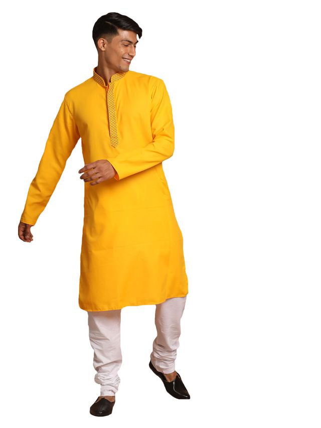 Vastramay Men's Yellow And White Cotton Blend Kurta Pyjama Set