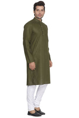 Vastramay Men's Green Cotton Linen Blend Kurta Pyjama Set