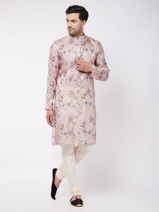 Vastramay Men's Pink And White Cotton Blend Kurta Pyjama Set