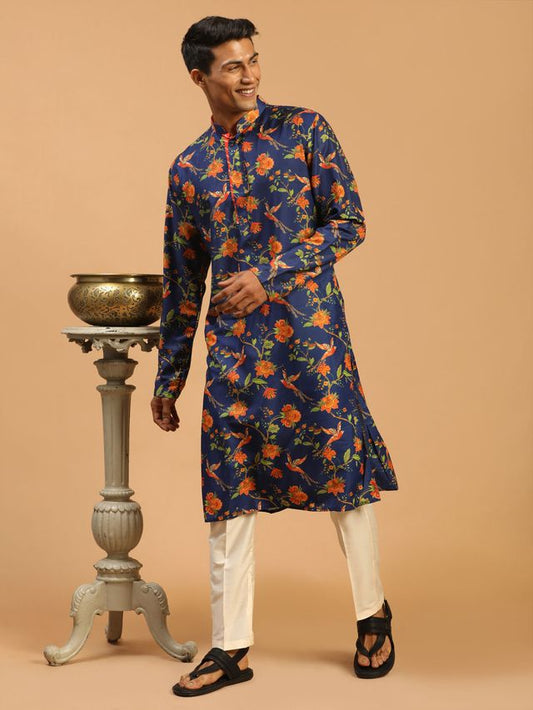 Vastramay Men's Multicolor-Base-Navy Blue And Cream Muslin Kurta Pyjama Set