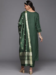 Indo Era Green Solid Straight Kurta Palazzos With Dupatta Set