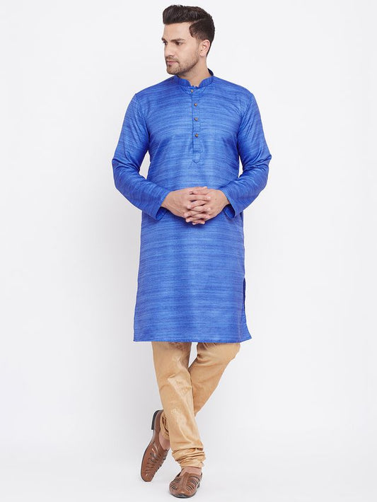 VM by Vastramay Men's Blue And Rose Gold Silk Blend Kurta Pyjama Set