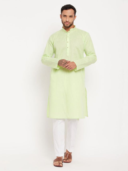 VM Men's Green And White Cotton Kurta Pyjama Set