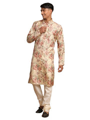 Vastramay Men's Cream And Brown Silk Blend Kurta Pyjama Set