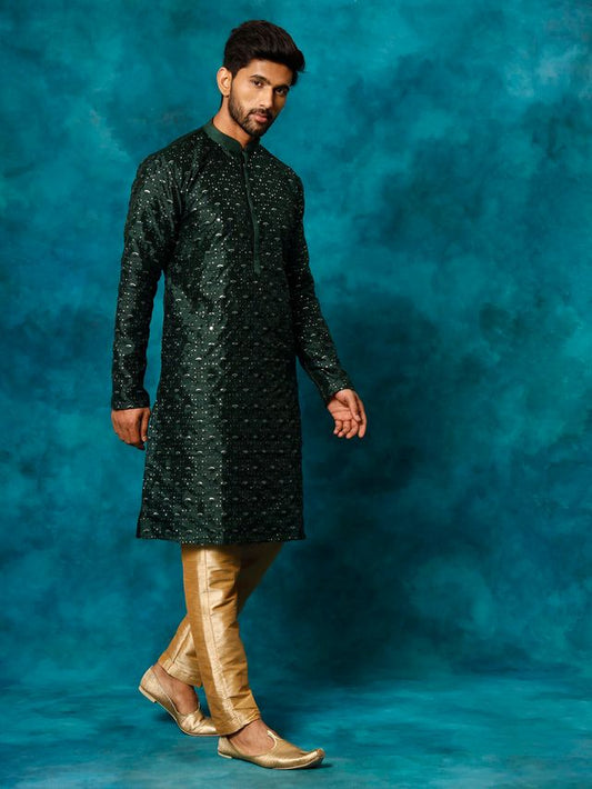 VM Men's Green And Rose Gold Silk Blend Kurta Pyjama Set