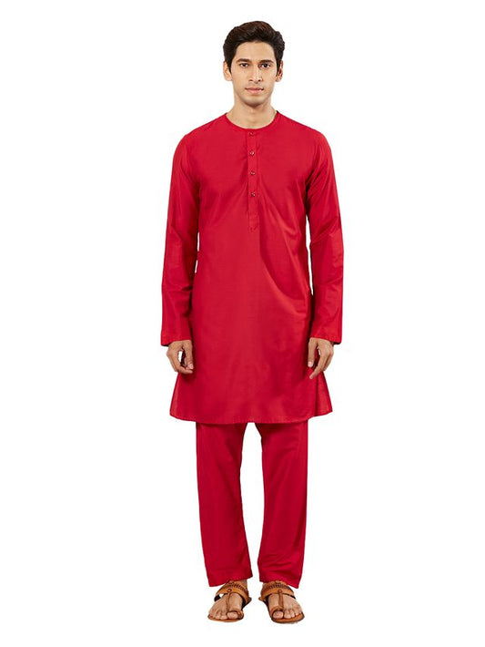 VASTRAMAY Men's Red Viscose Kurta Pyjama Set