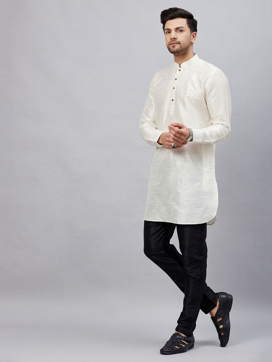 VM Men's Cream And Black Cotton Blend Kurta Pyjama Set