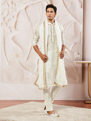 VASTRAMAY Men's White Tissue Silk Kurta Pyjama Set