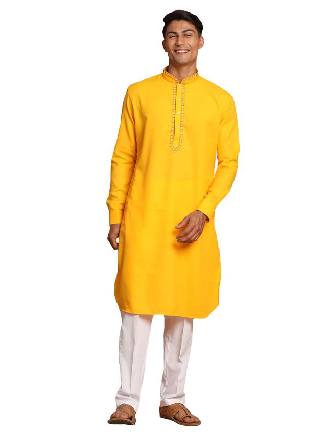 Vastramay Men's Yellow And White Cotton Blend Kurta Pyjama Set