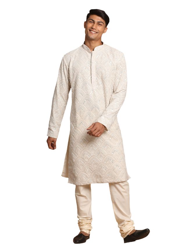 Shrestha By Vastramay Men's Grey And Cream Georgette Kurta Pyjama Set