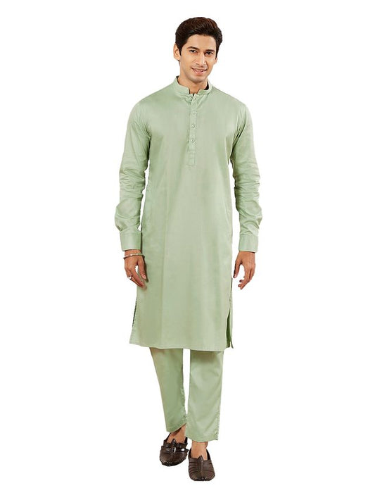 VASTRAMAY Men's Mint Green Cotton Blend Kurta Pyjama Set