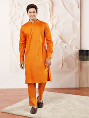 VASTRAMAY Men's Orange Cotton Blend Kurta Pyjama Set