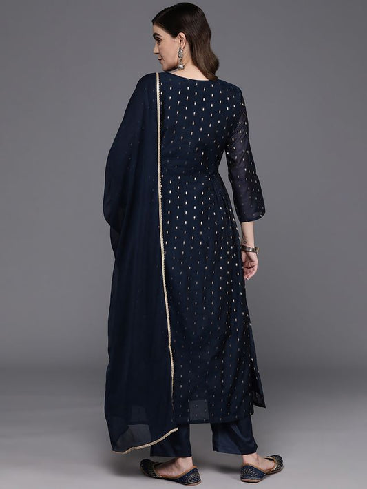 Indo Era Navy Blue Embroidered A-Line Kurta Trousers With Dupatta Set