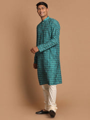 Vastramay Men's Green And Cream Cotton Blend Kurta Pyjama Set