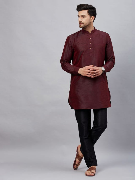 VM Men's Wine And Black Cotton Blend Kurta Pyjama Set