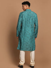 Vastramay Men's Green And Cream Cotton Blend Kurta Pyjama Set