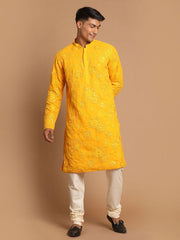 Shrestha By Vastramay Men's Yellow And Cream Georgette Kurta Pyjama Set