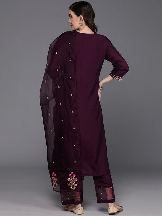 Indo Era Burgundy Embroidered Straight Kurta Trousers With Dupatta Set